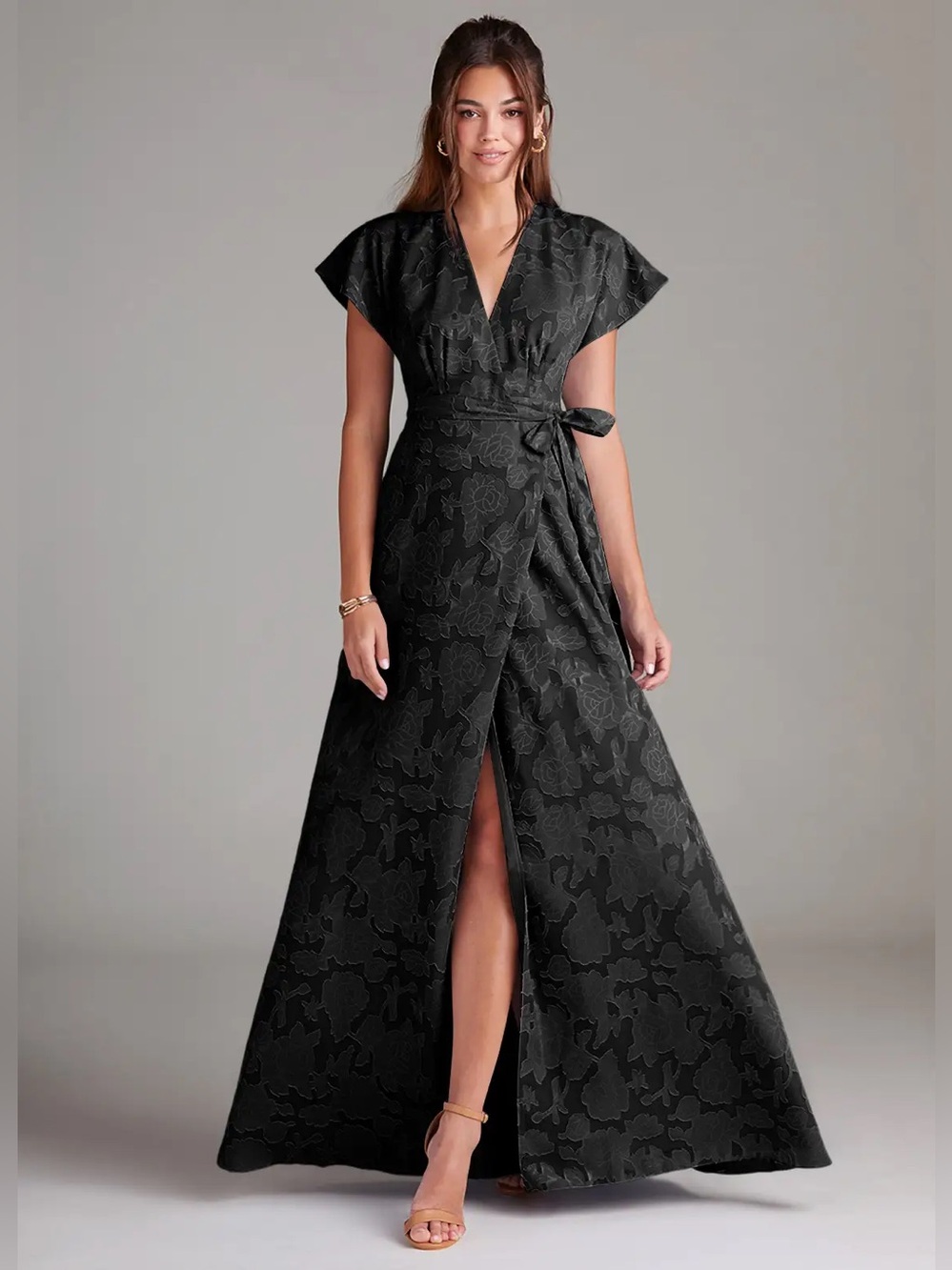Azazie Ling Black A-Line Pleated Jacquard Floral Burnout Dress 14 NWT